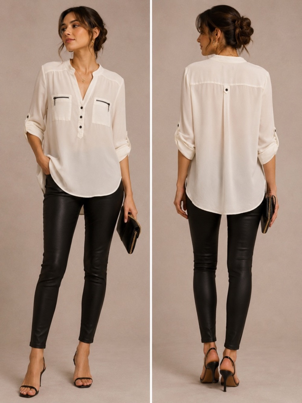 My Michelle White V-Neck Button Front Tunic with Zip Pockets